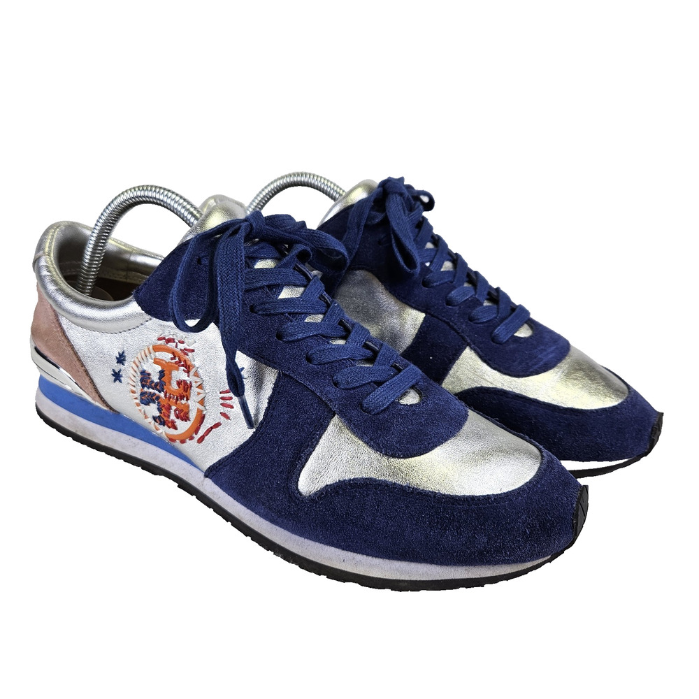 Tory Burch Sport Ruffle Sneaker Women 10 Silver Metallic Blue Suede Leather Shoe